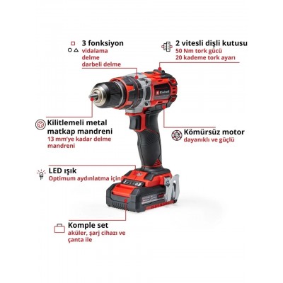 Einhell Tp-Cd 18/50 Li i Bl Kömürsüz Akülü Darbeli Matkap - 18V 2AH Çift Akülü Set